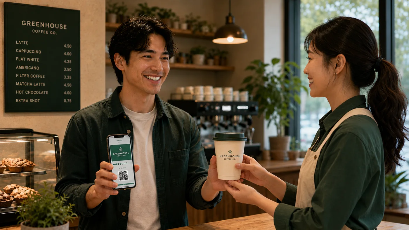 Cliente mostrando su pase de fidelización en el móvil al recibir su café