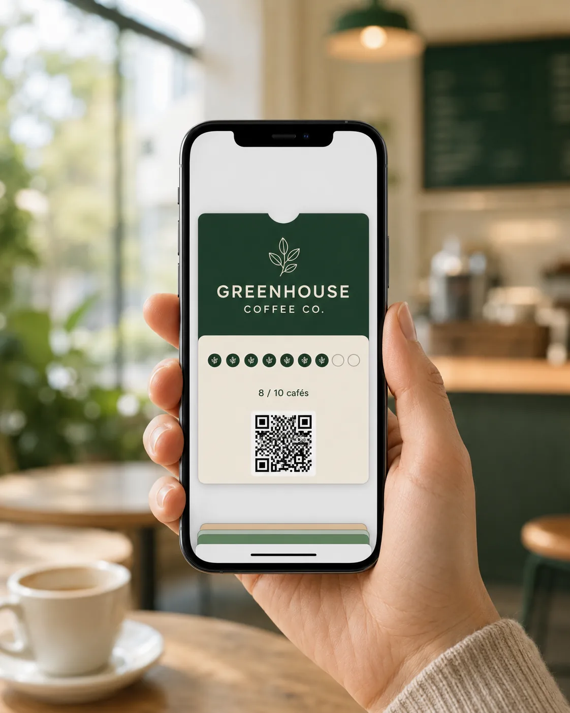 Móvil mostrando una tarjeta digital de LoyaFlow con botones Apple Wallet y Google Wallet